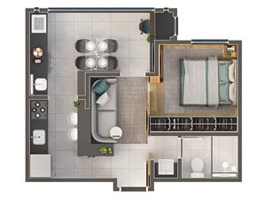 Studio com ampla varanda grill com 37,81m - Sala Integrada  Espao Home Office  Lavabo  1 vaga coberta